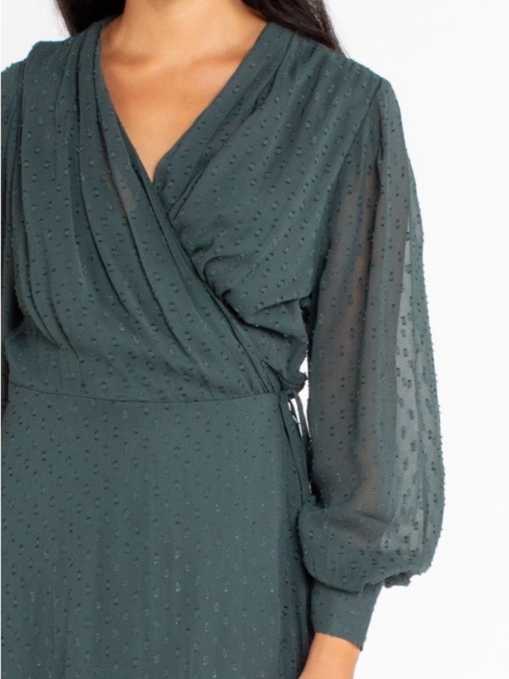 Elegant Dark Green Wrap Maxi Dress with Sheer Bishop Sleeves - Picture 4 of 9